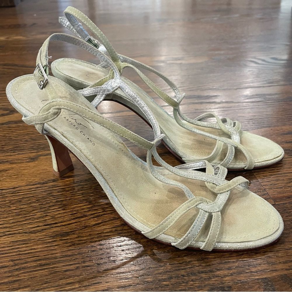 ARTURO CHIANG Y2K Light Green Suede Strappy Kitten Heels Sandals